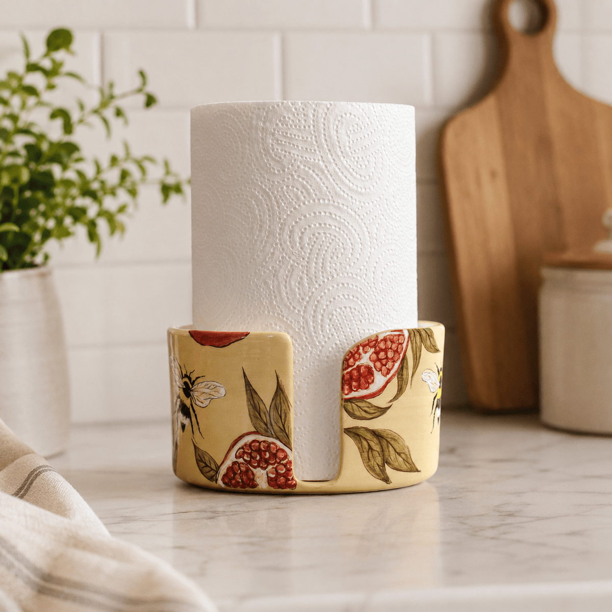 Handmade Ceramic Pomegranate Paper Towel Holder: Freestanding Kitchen Decor