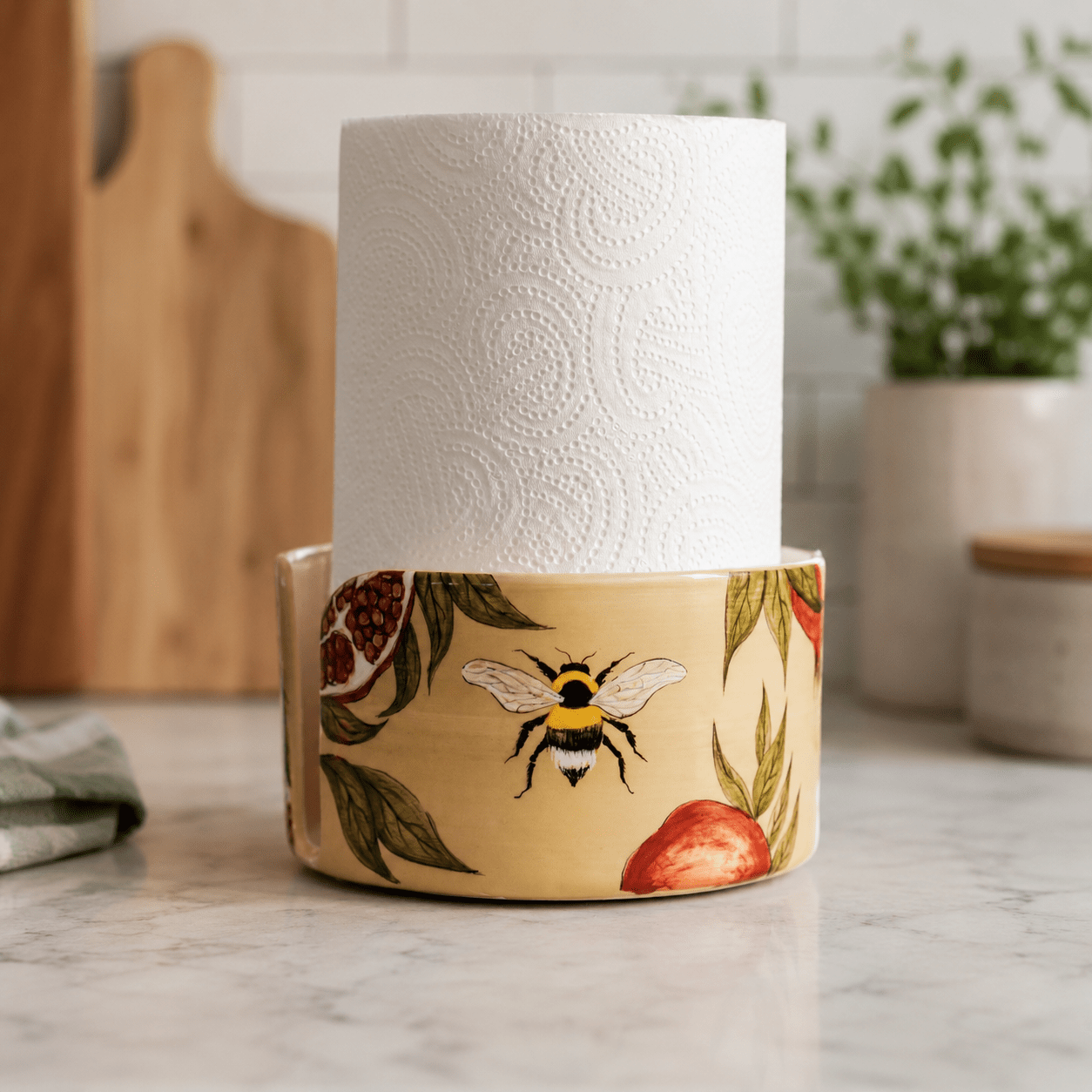 Handmade Ceramic Pomegranate Paper Towel Holder: Freestanding Kitchen Decor