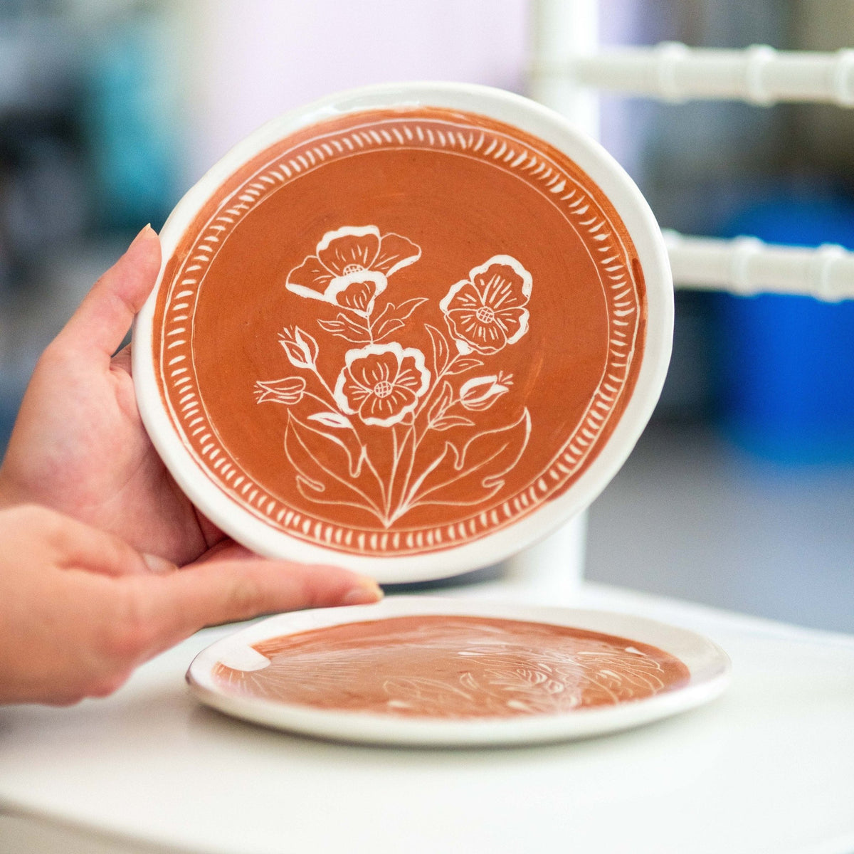 Handmade Dinnerware, Floral Plate Set, Terracotta Ceramic Dinnerware, Elegant Dinner Plates