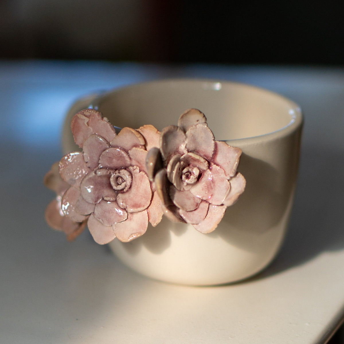 Handmade Floral Ceramic Coffee Mug: 3D Flower Applique