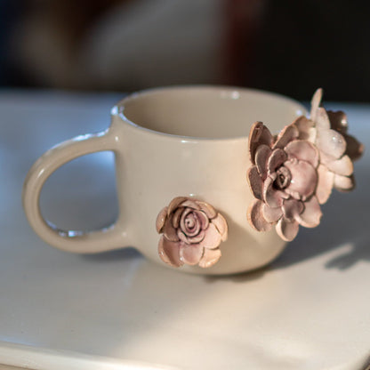 Handmade Floral Ceramic Coffee Mug: 3D Flower Applique
