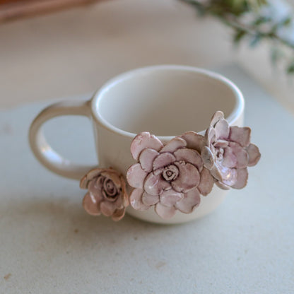 Handmade Floral Ceramic Coffee Mug: 3D Flower Applique