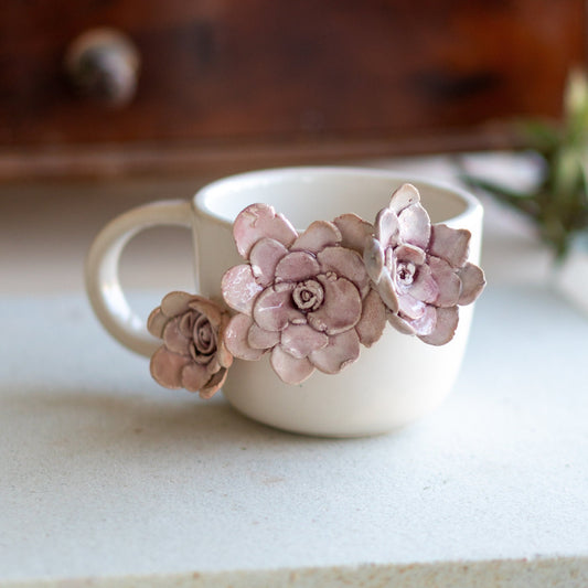 Handmade Floral Ceramic Coffee Mug: 3D Flower Applique