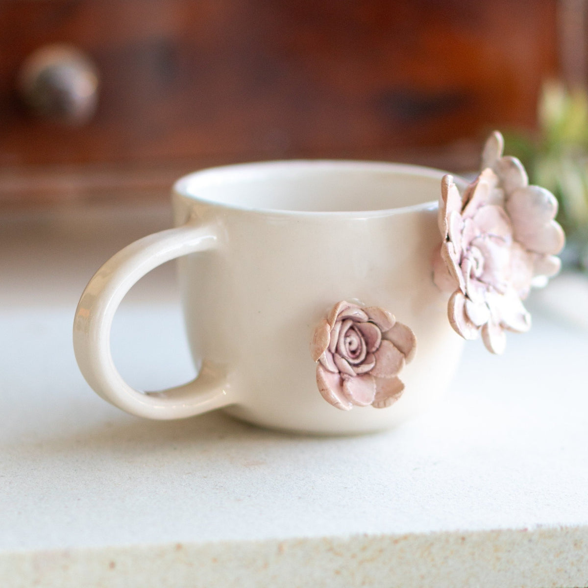 Handmade Floral Ceramic Coffee Mug: 3D Flower Applique