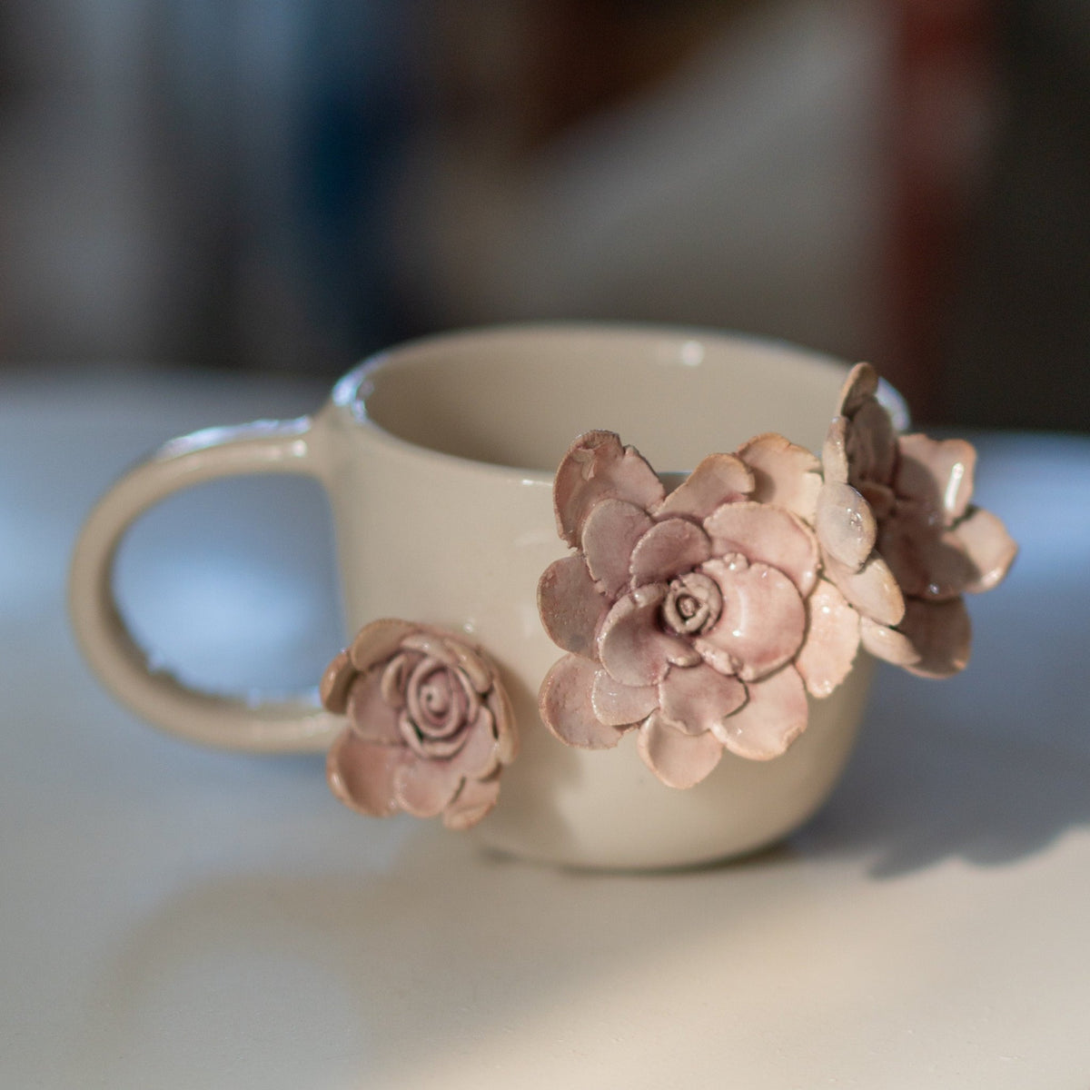 Handmade Floral Ceramic Coffee Mug: 3D Flower Applique