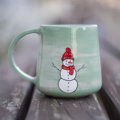 Winter Themed Coffee Mug, Snowman Sketch On Pottery/ Colorful and Handmade Coffee Cup/Special Gift for Special Ones