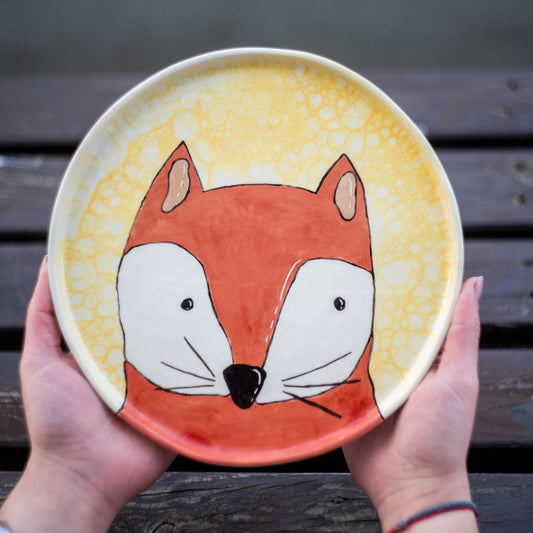 Red Fox Plate 25 CM | Handmade Children Plate | Animal Decorated Dish | Handmade Vivid Colors Fox Decor | Fox Happy Meal Plate