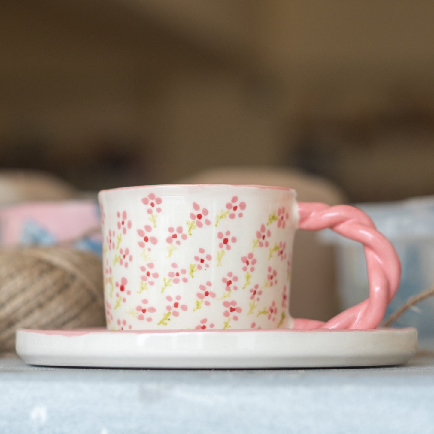 Minimalist Flowers Coffee Cup and Saucer | Handmade Coffee Cup Blossom Decor | Decorative Floral Coffee Cup | Pink Blossom Coffee Cup