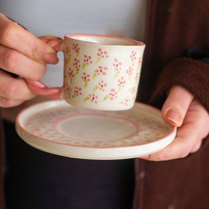 Minimalist Flowers Coffee Cup and Saucer | Handmade Coffee Cup Blossom Decor | Decorative Floral Coffee Cup | Pink Blossom Coffee Cup