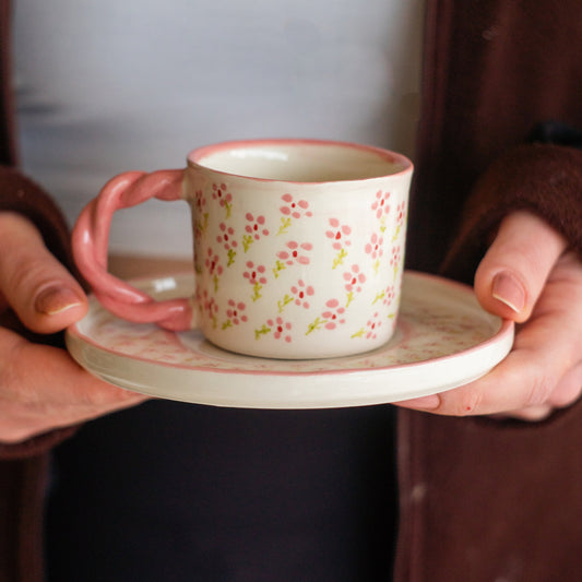 Minimalist Flowers Coffee Cup and Saucer | Handmade Coffee Cup Blossom Decor | Decorative Floral Coffee Cup | Pink Blossom Coffee Cup