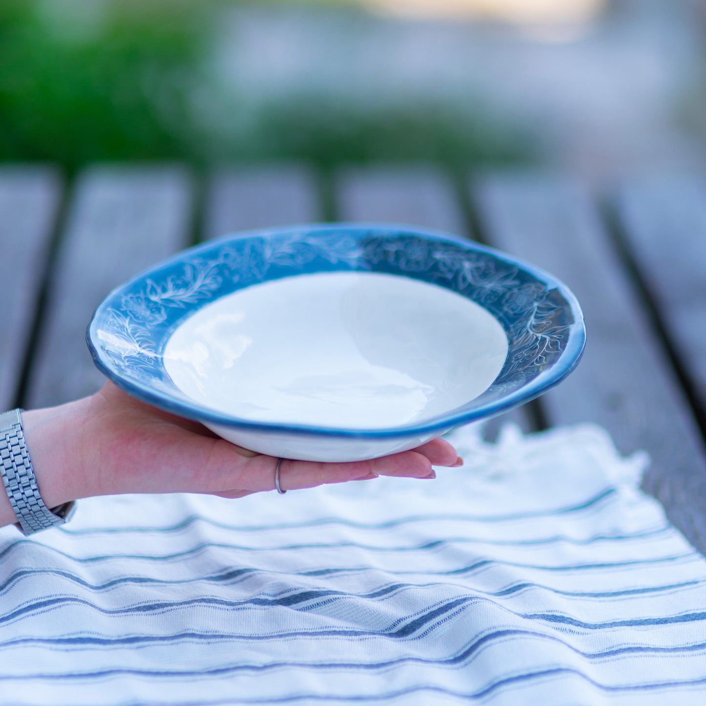 Pottery Dinnerware, Blue Blanc Plate, Handmade Ceramic Dinnerware Flower Theme, Housewarming Gift Idea