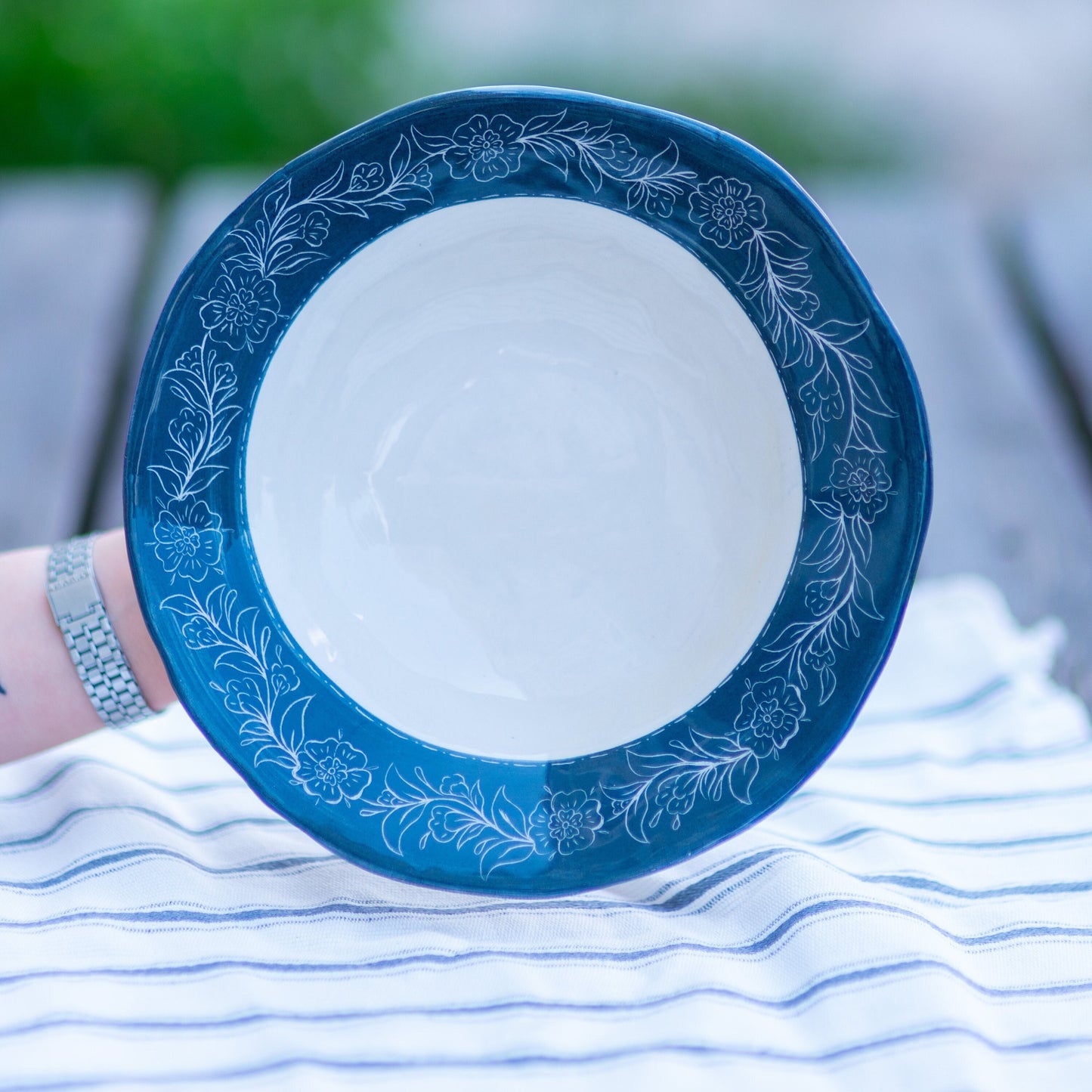 Pottery Dinnerware, Blue Blanc Plate, Handmade Ceramic Dinnerware Flower Theme, Housewarming Gift Idea
