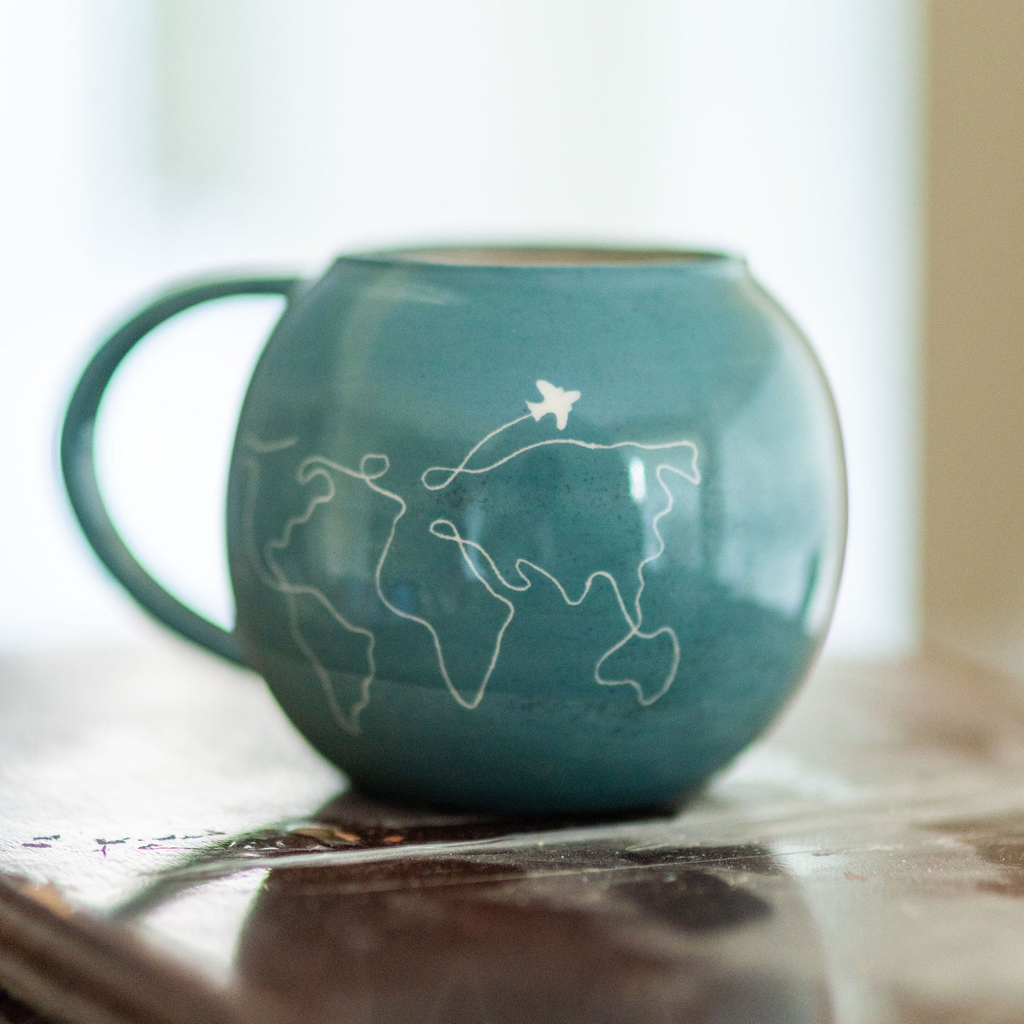 Travel Mug, Handmade Pottery Mug, World Map Coffee Mug