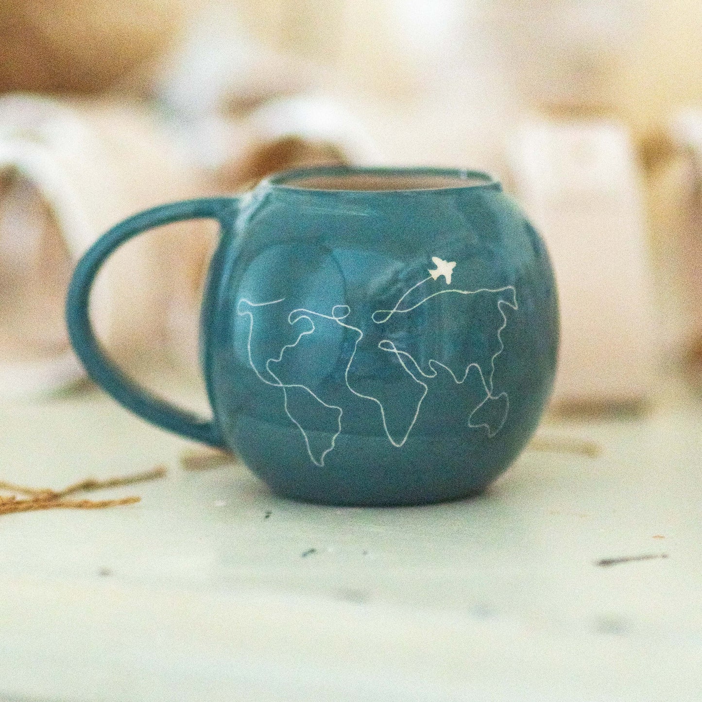 Travel Mug, Handmade Pottery Mug, World Map Coffee Mug