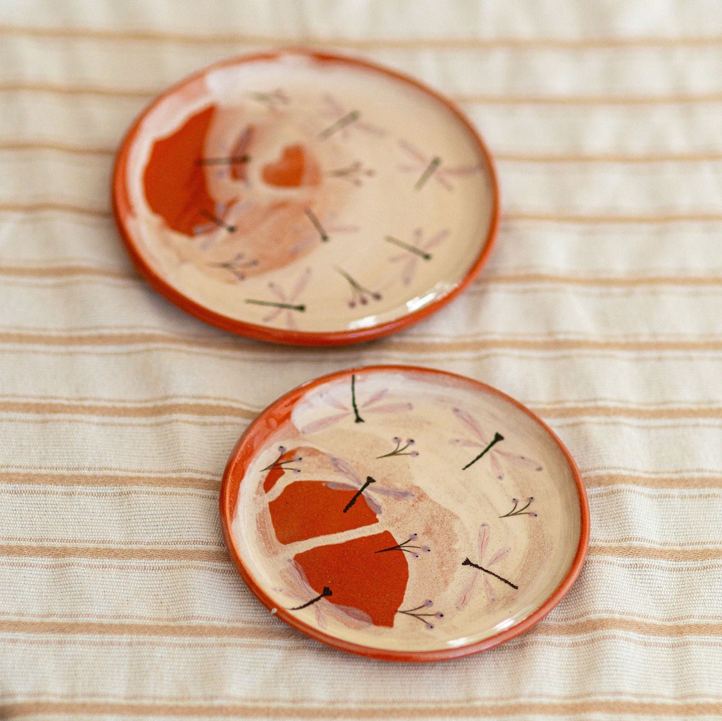 Floral Dinnerware Set, Terracotta Pottery Dinnerware, Dragonfly Pattern