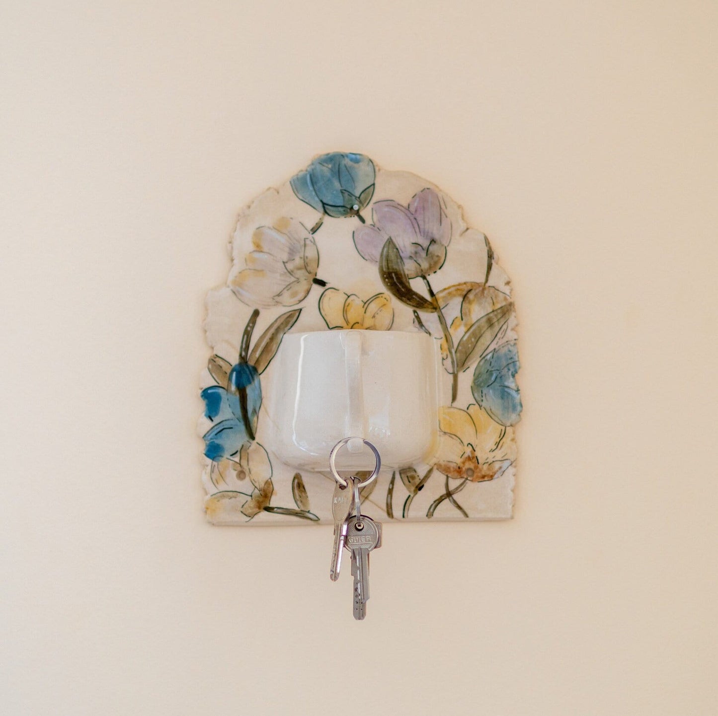 Key Holder for Wall, Ceramic Key Hanger, Handmade Key Rack, Housewarming Gift Key Hook, Multipurpose Organizer, Watercolor Flowers