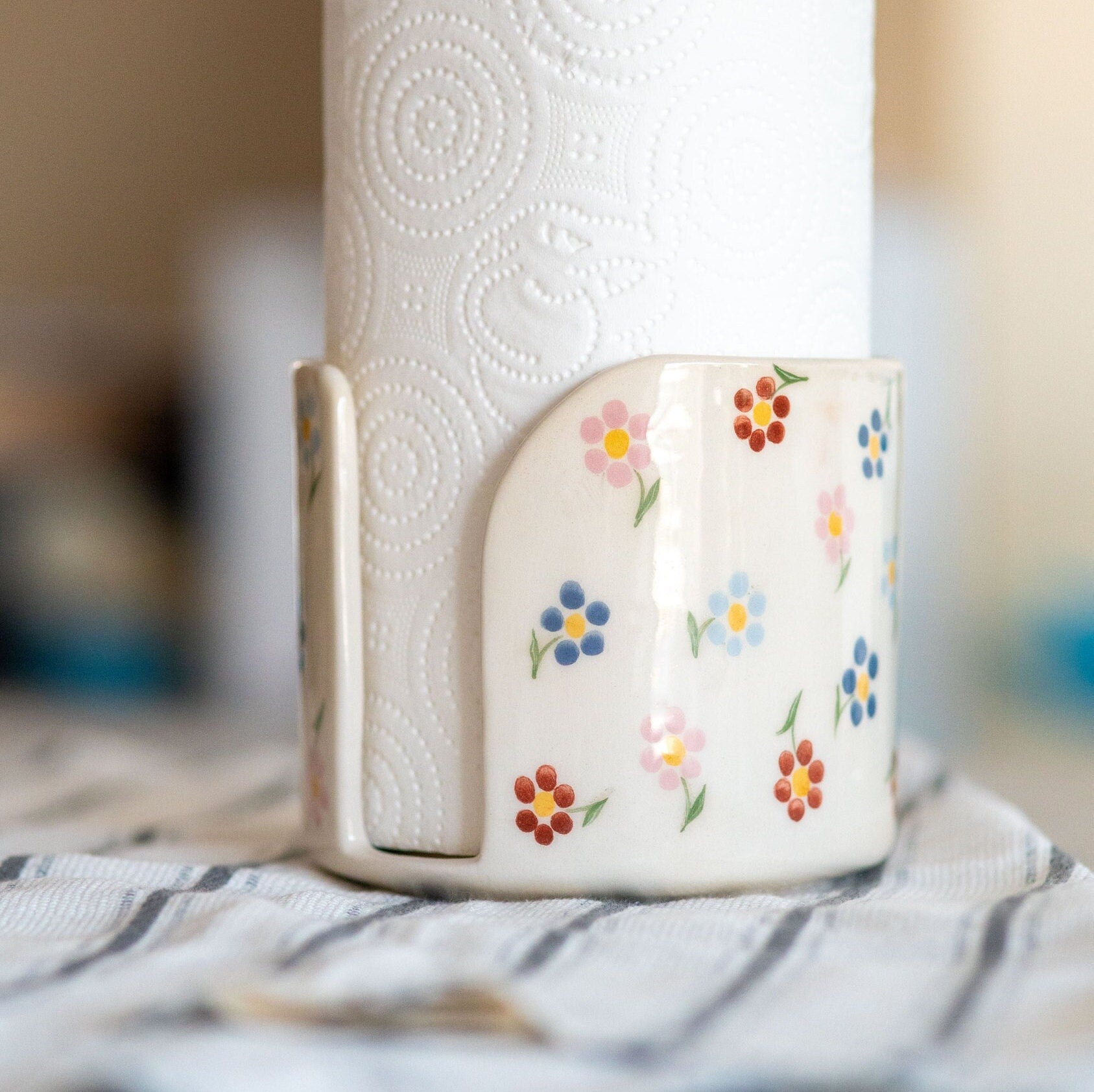 Paper Towel Holder, Handmade Towel Rack, Floral Ceramic Bathroom Decor ...