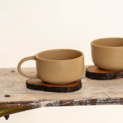 Coffee Cup Tea Cup and Wooden Sacuer, Stonware Mug Set, Handmade Tea Set