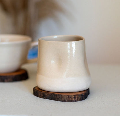 Stoneware Coffee Mug, Ceramic Wine Cup, Pottery Mug and Wooden Coaster