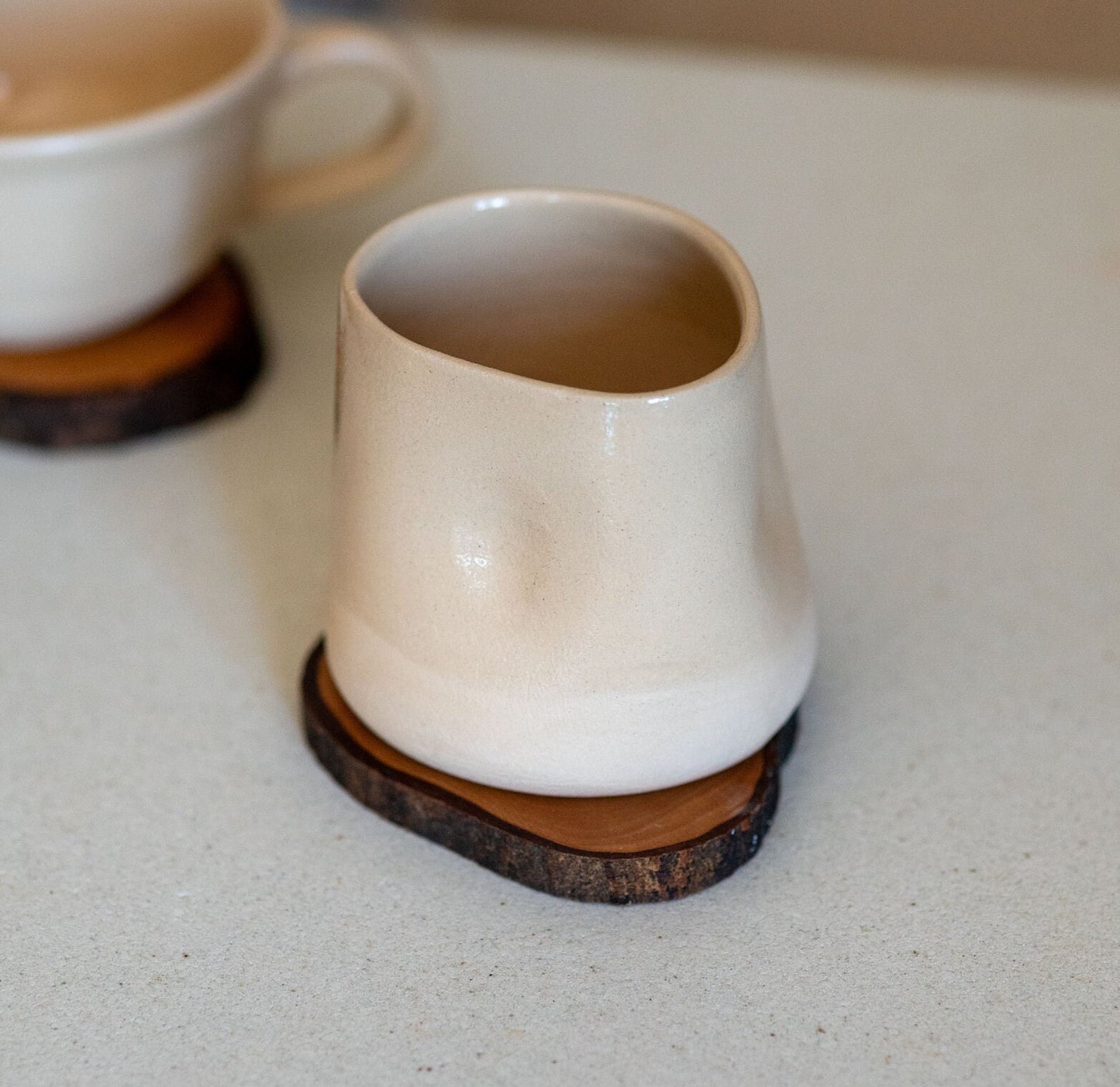 Stoneware Coffee Mug, Ceramic Wine Cup, Pottery Mug and Wooden Coaster