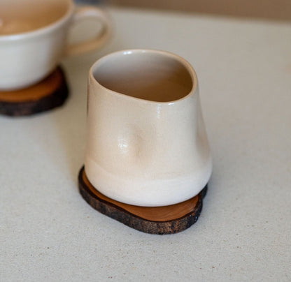 Stoneware Coffee Mug, Ceramic Wine Cup, Pottery Mug and Wooden Coaster