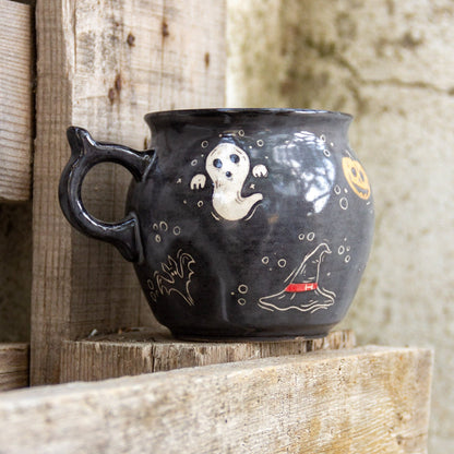 Cauldron Mug Halloween Decor, Handmade Ceramic Mug, Ghost Witch Hat and Pumpkin