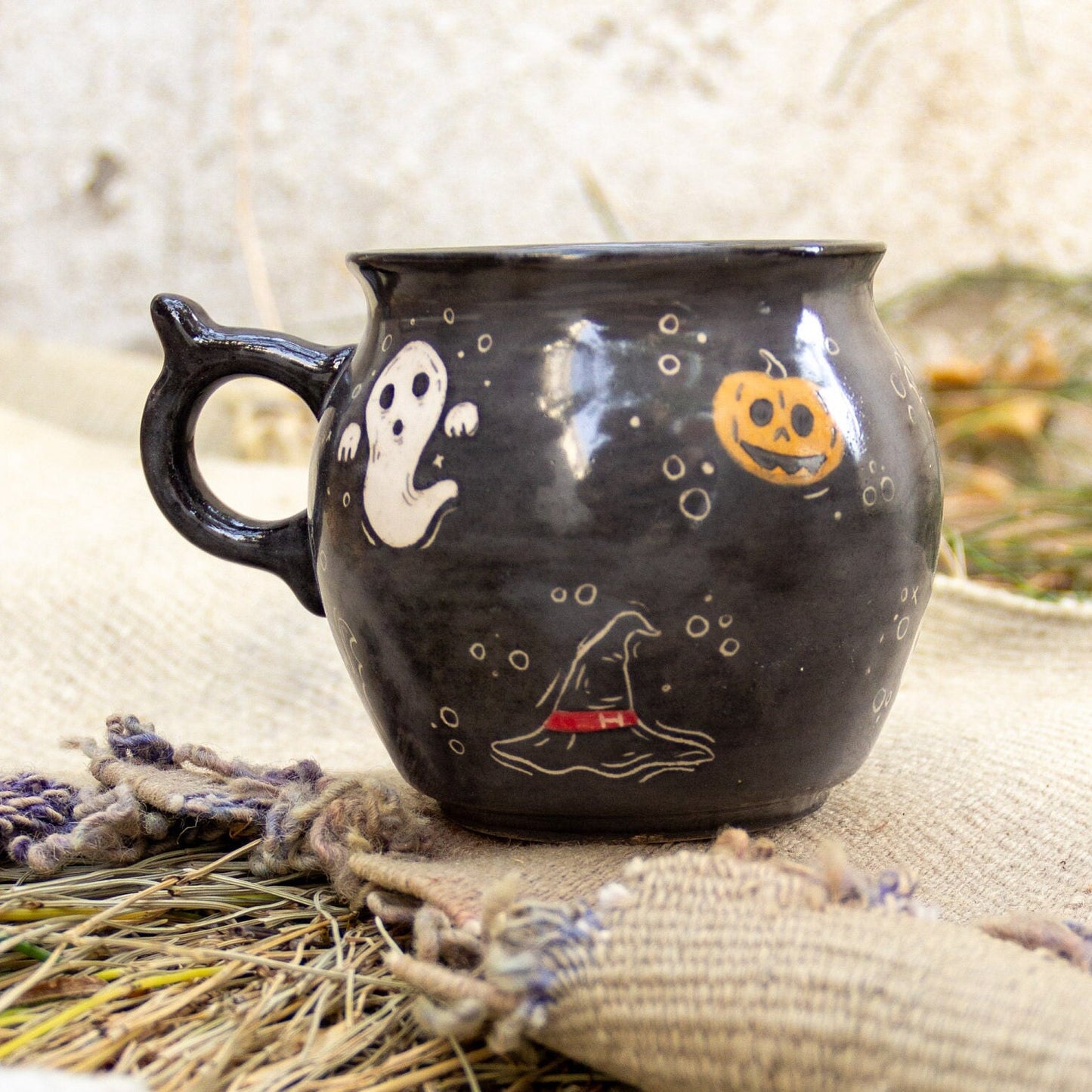 Cauldron Mug Halloween Decor, Handmade Ceramic Mug, Ghost Witch Hat and Pumpkin