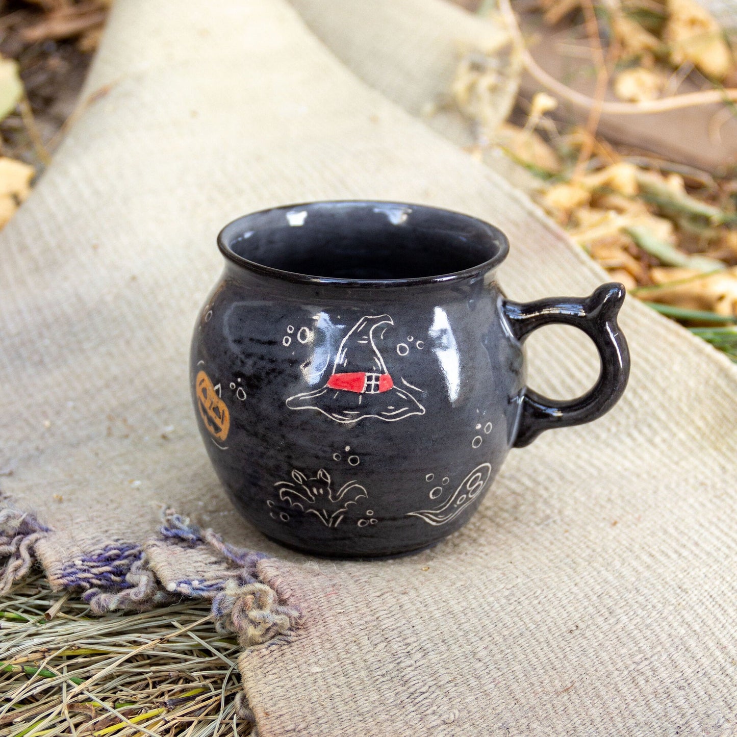 Cauldron Mug Halloween Decor, Handmade Ceramic Mug, Ghost Witch Hat and Pumpkin
