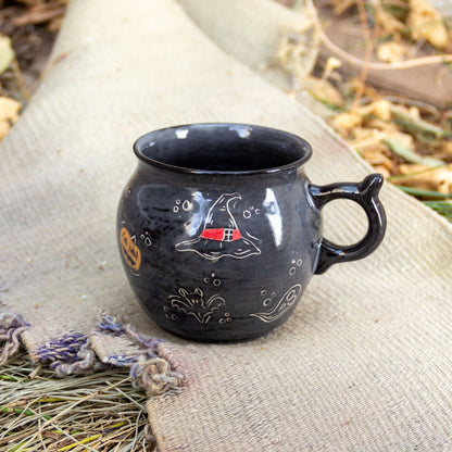 Cauldron Mug Halloween Decor, Handmade Ceramic Mug, Ghost Witch Hat and Pumpkin