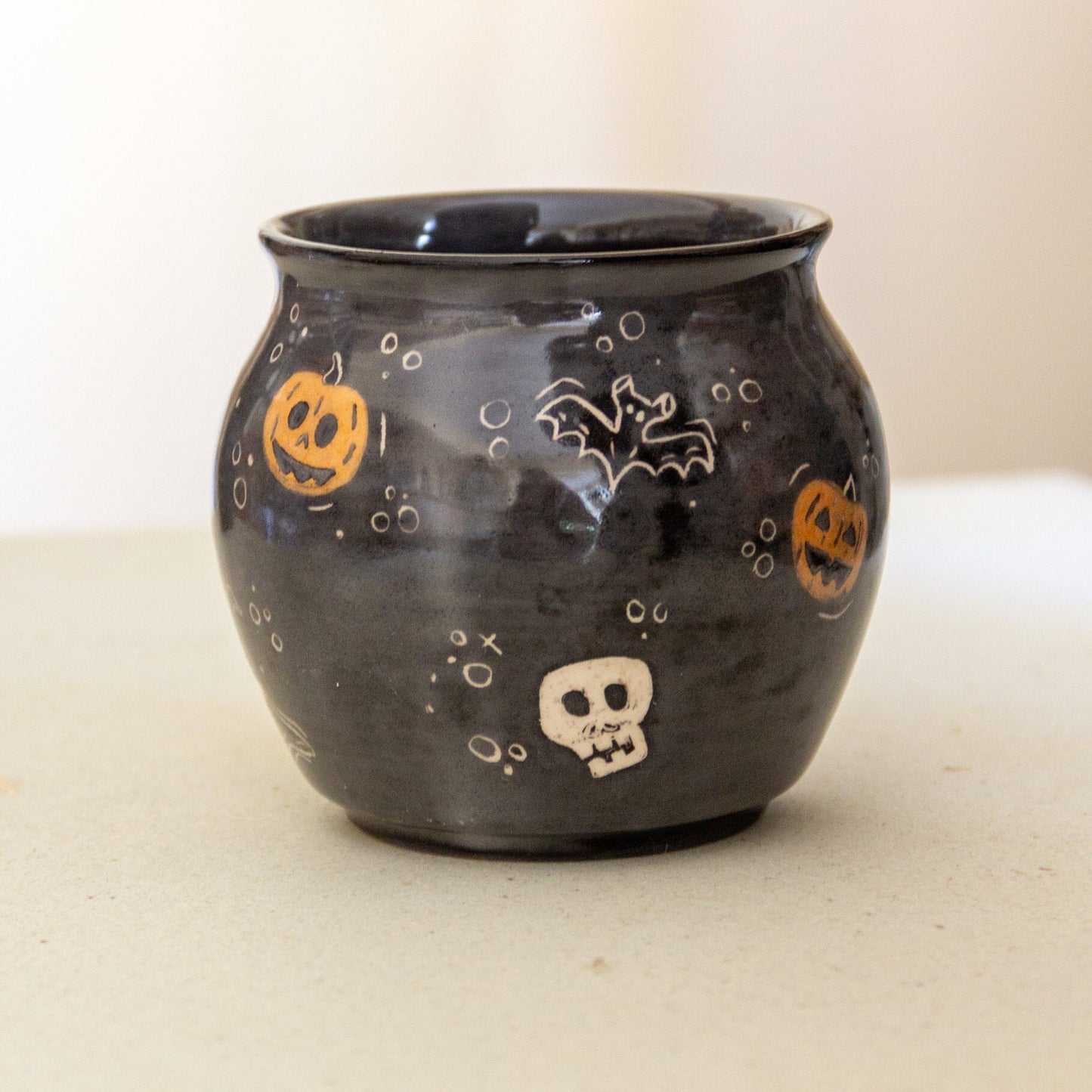Cauldron Mug Halloween Decor, Handmade Ceramic Mug, Ghost Witch Hat and Pumpkin