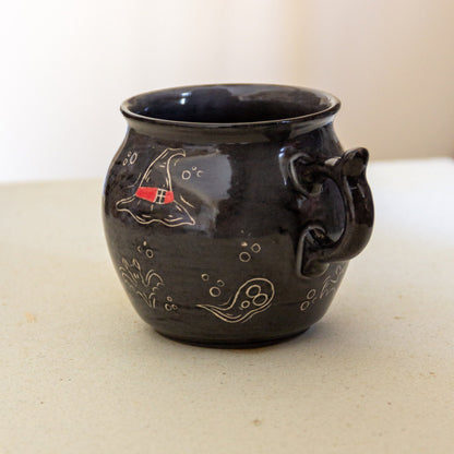 Cauldron Mug Halloween Decor, Handmade Ceramic Mug, Ghost Witch Hat and Pumpkin