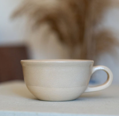 Stoneware Mug Set, Handmade Latte Mug, Tea Cup and Wooden Saucer | Housewarming Gift Idea
