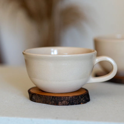 Stoneware Mug Set, Handmade Latte Mug, Tea Cup and Wooden Saucer | Housewarming Gift Idea
