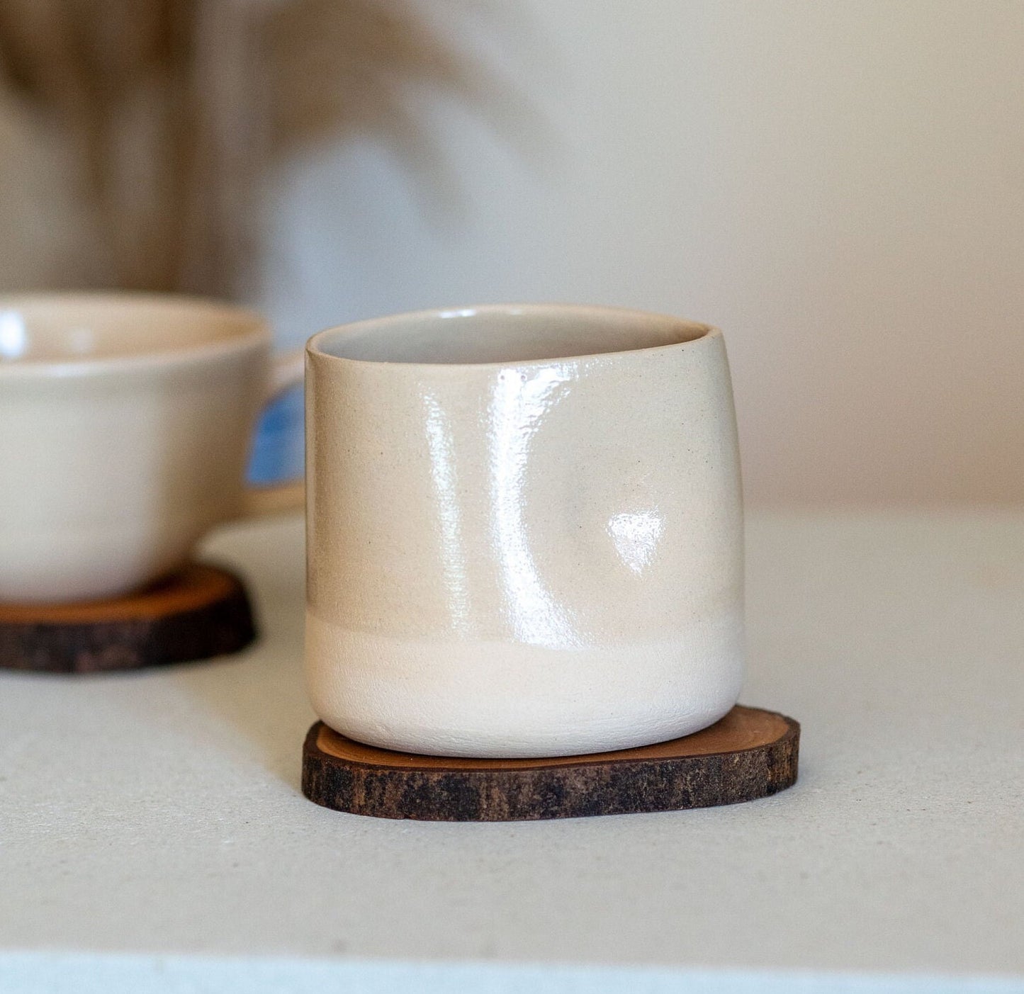 Stoneware Coffee Mug, Ceramic Wine Cup, Pottery Mug and Wooden Coaster