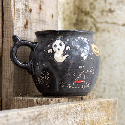 Cauldron Mug Halloween Decor, Handmade Ceramic Mug, Ghost Witch Hat and Pumpkin