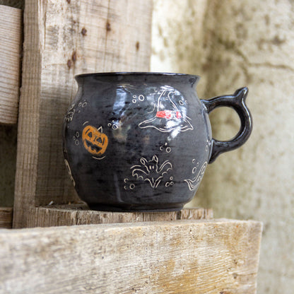 Cauldron Mug Halloween Decor, Handmade Ceramic Mug, Ghost Witch Hat and Pumpkin