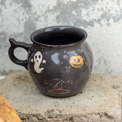 Cauldron Mug Halloween Decor, Handmade Ceramic Mug, Ghost Witch Hat and Pumpkin