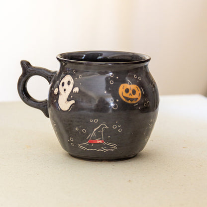 Cauldron Mug Halloween Decor, Handmade Ceramic Mug, Ghost Witch Hat and Pumpkin
