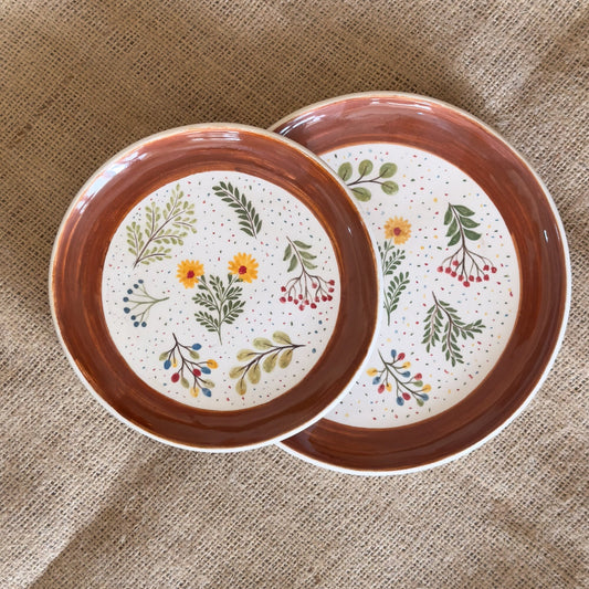 Handmade Ceramic Dinner Plates - Floral Pattern, Rustic Boho Style, Hand-Painted Pottery, Set of 2 Decorative Plates