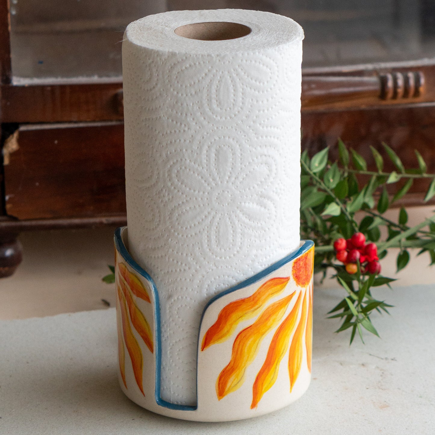 Handmade Ceramic Paper Towel Holder: Floral Holiday Kitchen Decor