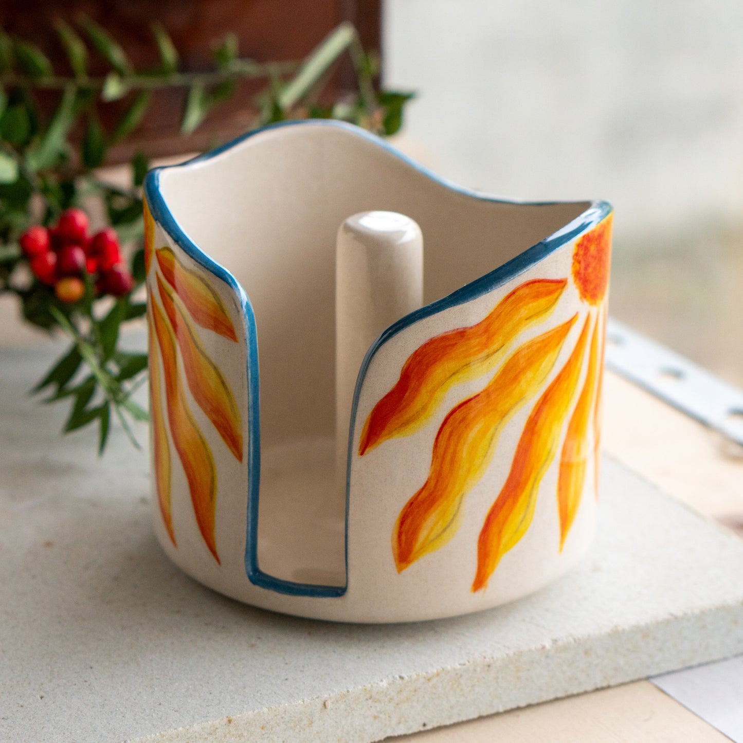 Handmade Ceramic Paper Towel Holder: Floral Holiday Kitchen Decor