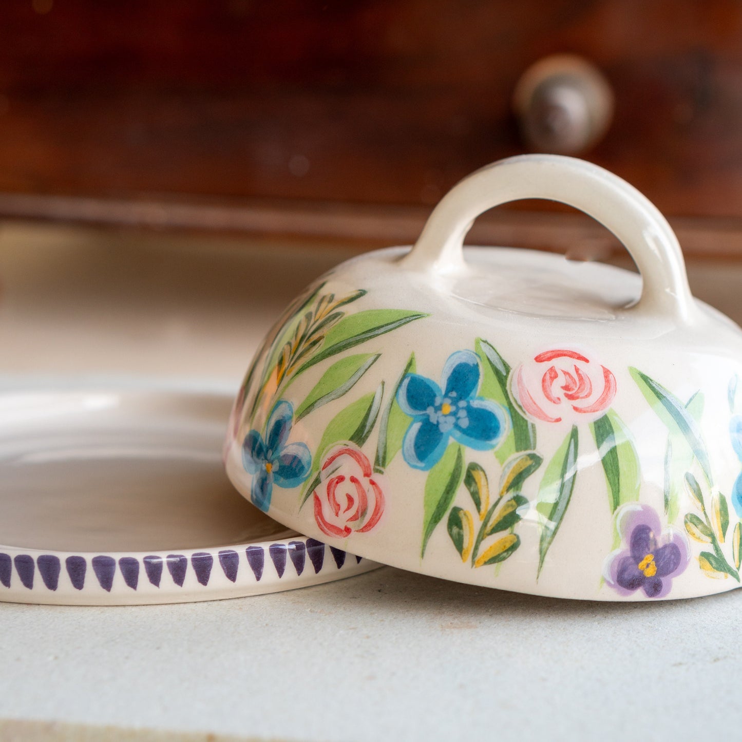 Butter Dish with Lid - Floral Plate, Butter Crock, Handmade Flower Decorated Butter Holder