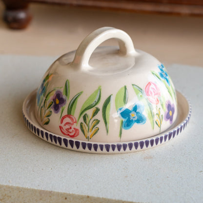 Butter Dish with Lid - Floral Plate, Butter Crock, Handmade Flower Decorated Butter Holder