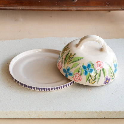 Butter Dish with Lid - Floral Plate, Butter Crock, Handmade Flower Decorated Butter Holder