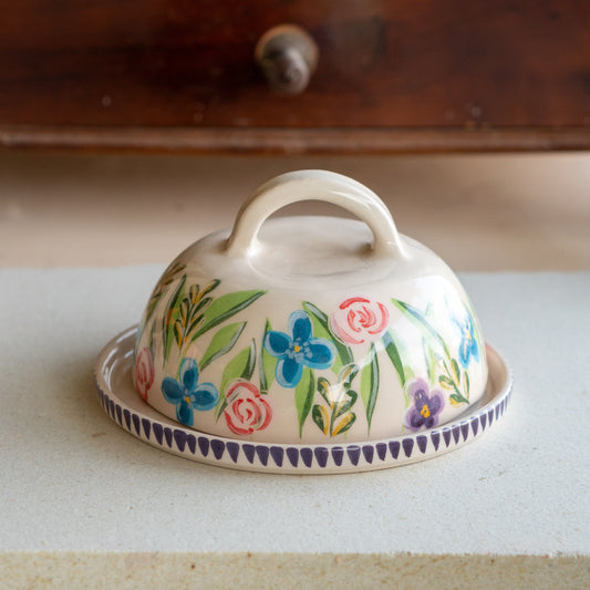 Butter Dish with Lid - Floral Plate, Butter Crock, Handmade Flower Decorated Butter Holder