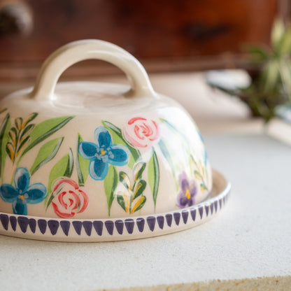 Butter Dish with Lid - Floral Plate, Butter Crock, Handmade Flower Decorated Butter Holder