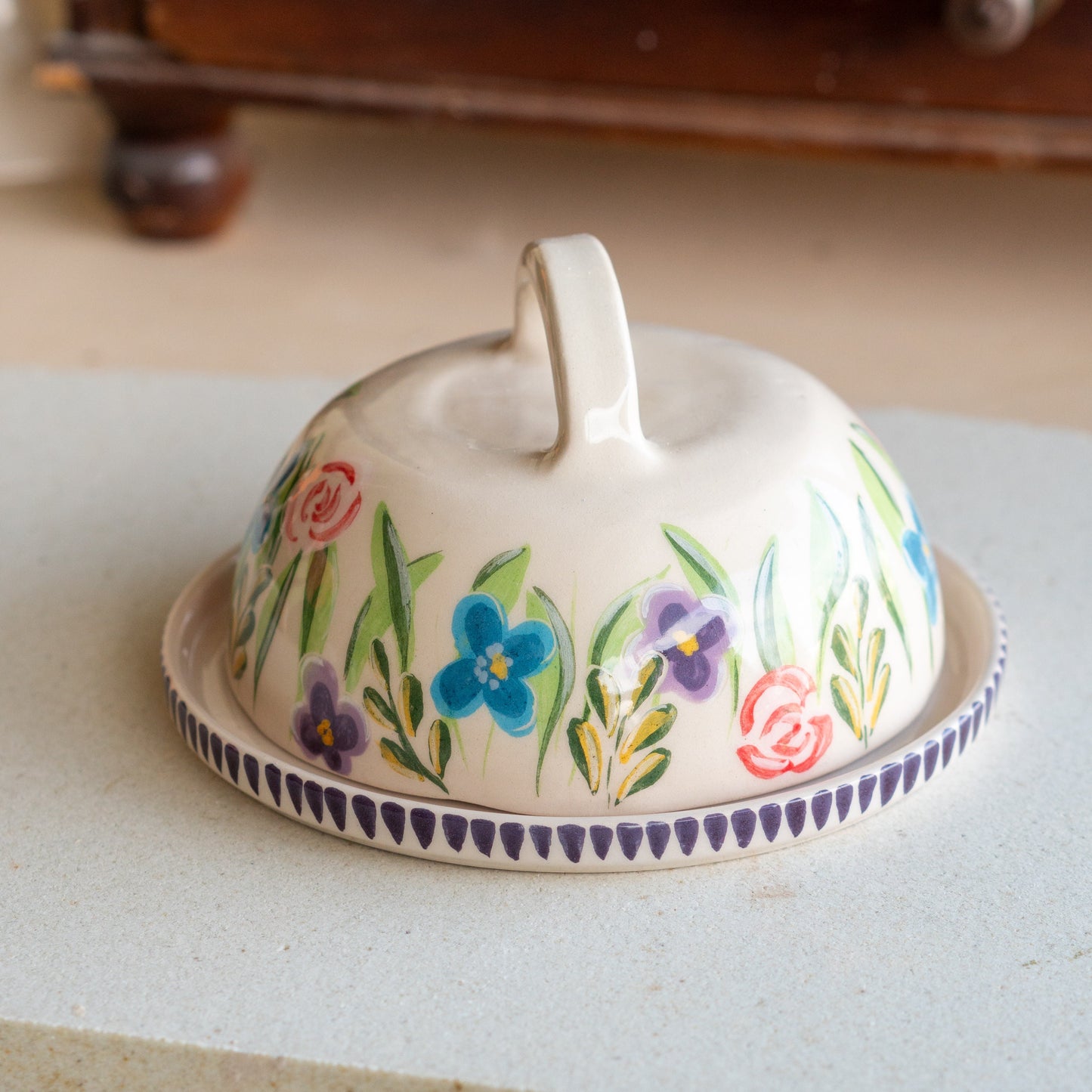 Butter Dish with Lid - Floral Plate, Butter Crock, Handmade Flower Decorated Butter Holder
