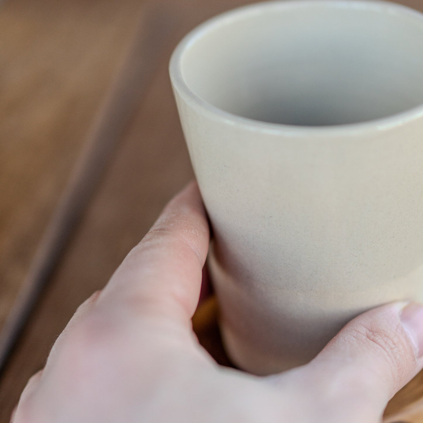 Stoneware Coffee Mug - Handmade Pottery Mug, Minimalist Handcrafted Ceramic Mug with Matching Wooden Coaster