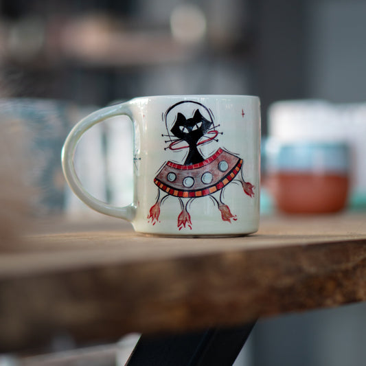 Handmade Atomic Cat Mug - Black Cat Mug, Handmade Ceramic Mug, Pottery Mug, Custom Cat Mug