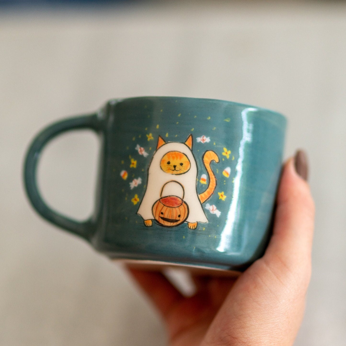 Cute Halloween Mug - Cat Mug, Handmade Ceramic Mug, Black Cat and Pumpkin Mug, Ghost Cat Funny Mug